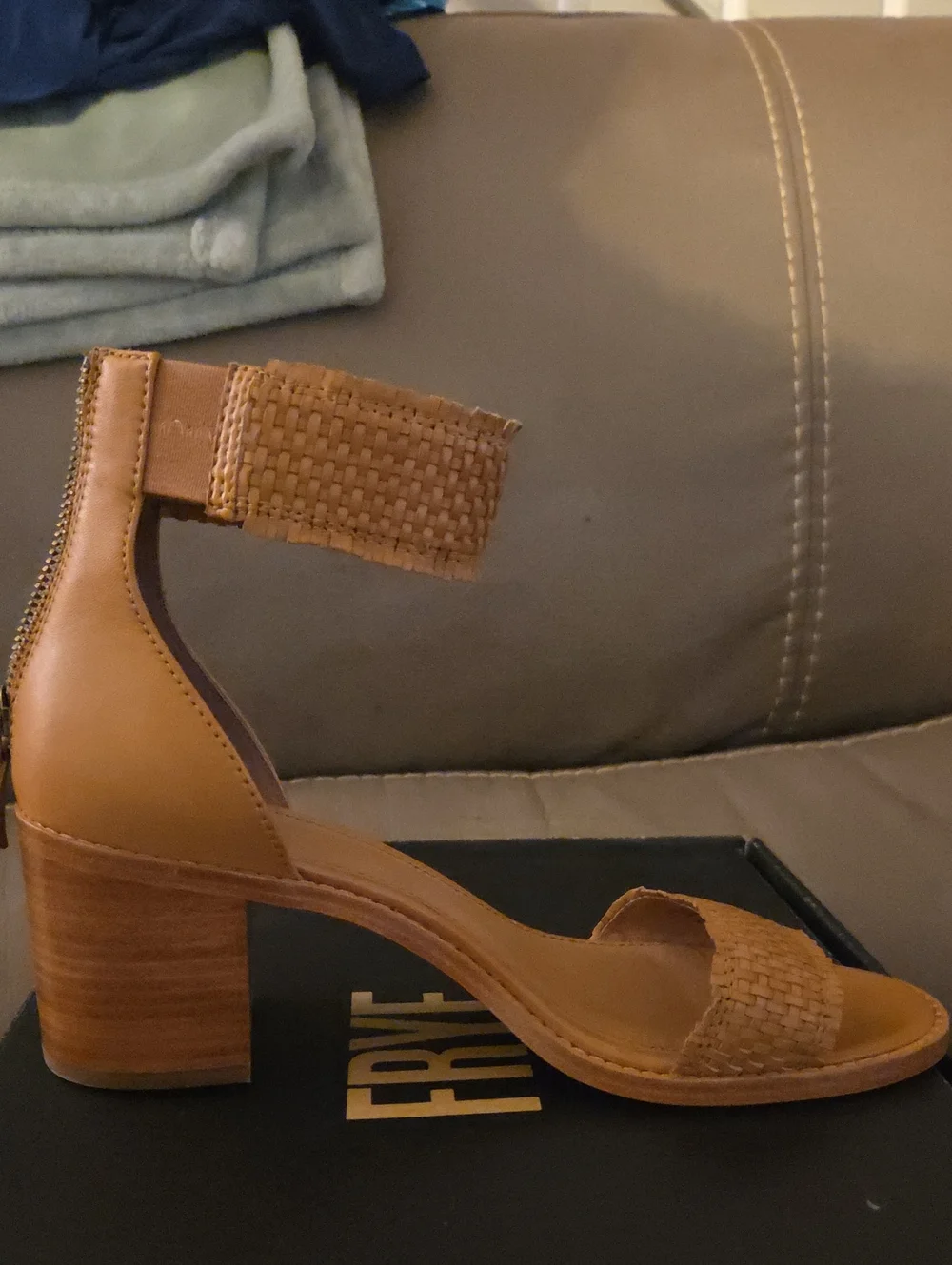 Frye Bianca Woven Ankle-Strap Block Heel in Tan